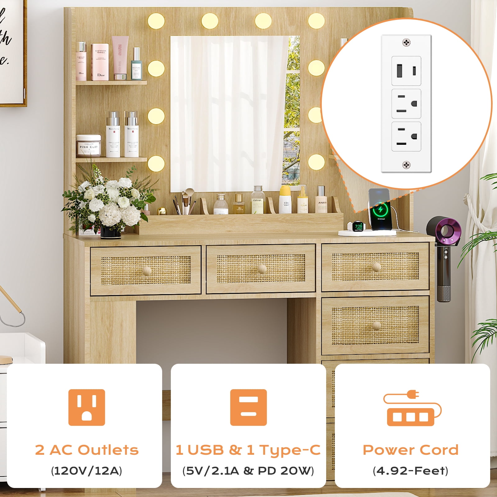 Ktaxon Lighted Makeup Vanity with 6 Drawers, Get Ready with Me Vanity Table Set w/ Charging Station, Side Rack, Wood Color