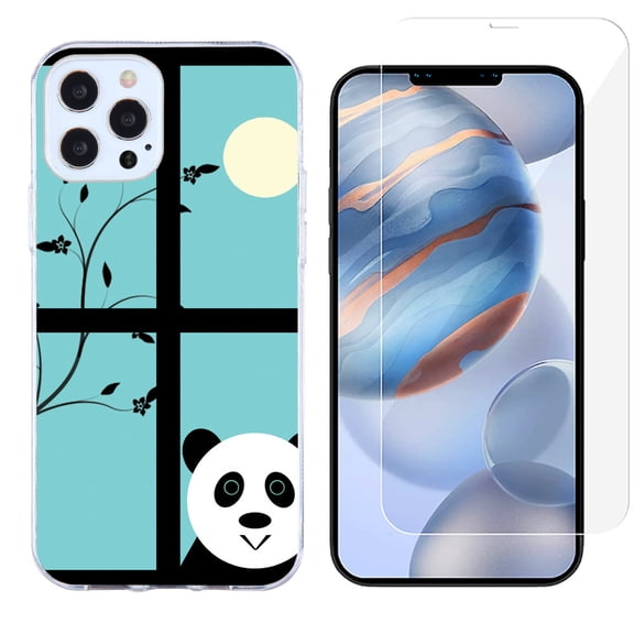 Slim-Fit Protective Phone Case compatible with iPhone 12 Pro Max, with Tempered Glass Screen Protector, by OneToughShield ® - Moon Panda