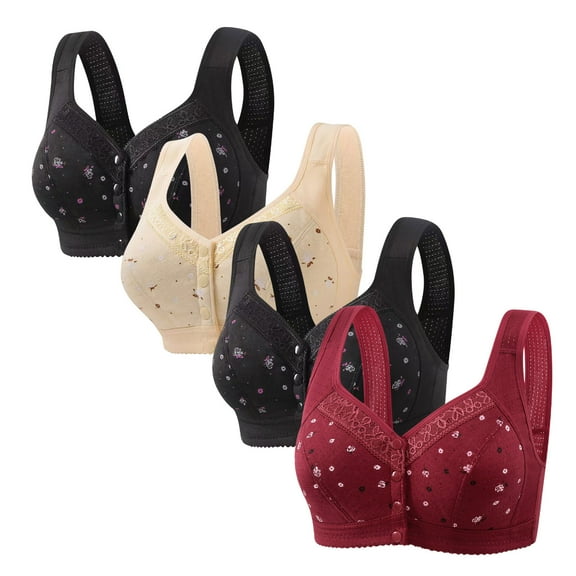 Mceream 4 Pack Bras for Older Women Front Closure Plus Size Gathering Full Coverage Senior Padded Bras Comfortable Wireless Everyday Bralettes