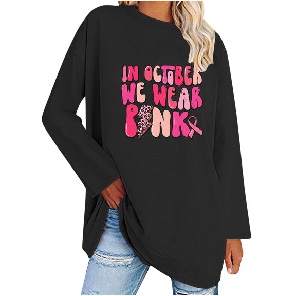 YABCSAZ Breast Cancer Scrub Tops for Women/Long Sleeve Shirts/Crewneck Shirt/Sweatshirt/Tunic Tops with Blessed Breast Cancer Pink Ribbon/Breast Cancer Awareness Breast Cancer Survivor Gifts