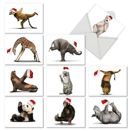 M6547XSG YULETIDE ZOO YOGA' 10 Assorted Merry Christmas Note Cards with Envelopes by The Best Card