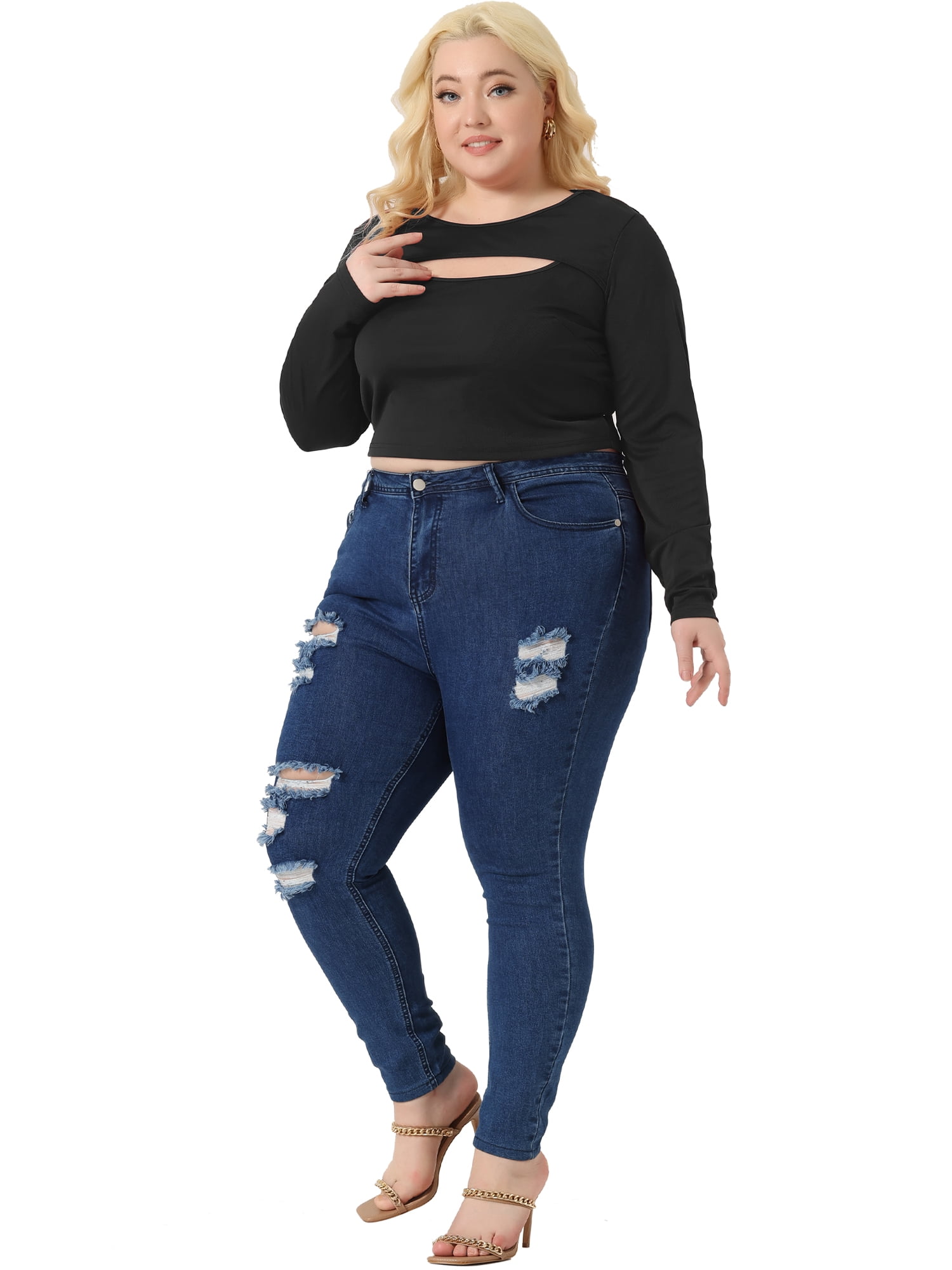 Unique Bargains Women Plus?Size Long Sleeve Round Neck Cut Out Front Fitted T-Shirts 4X Black