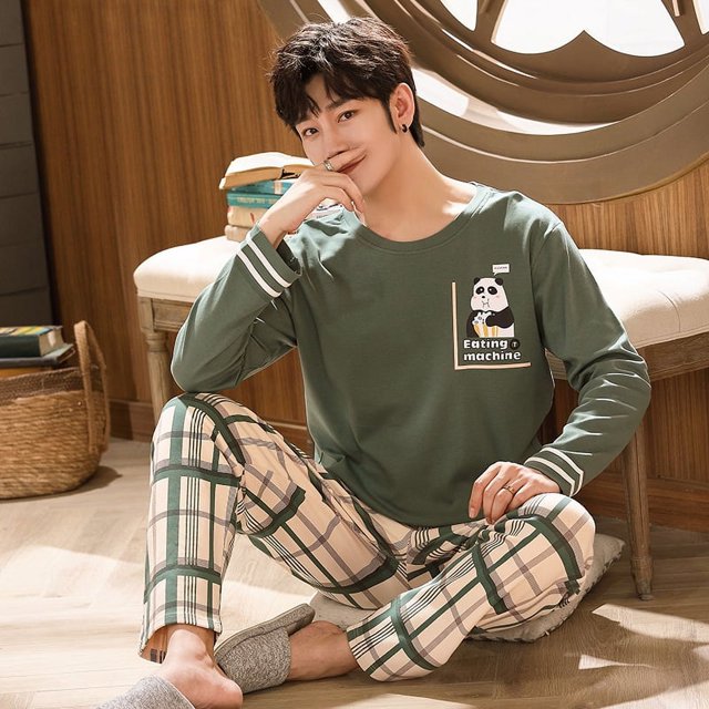 Printemps Automne Plus 5TG Pyjama Tricoté pour Hommes à Carreaux Ensembles de Pyjamas Décontractés Mode Nuit