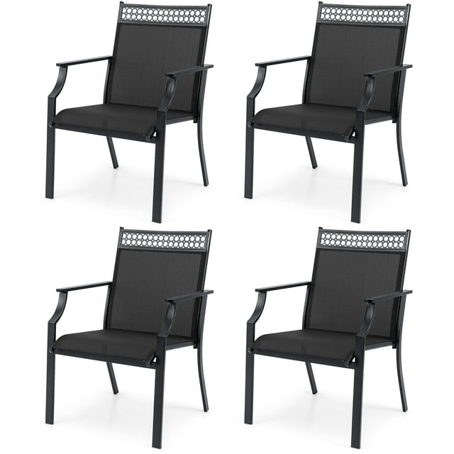Gymax 4 PCS Patio Chairs with all-weather breathable fabric and high backrest in blue. These outdoor patio chairs feature a durable metal frame, wear-resistant quick-drying fabric, and comfortable armrests. Each chair has a 20-inch wide seat, a 21-inch high backrest, and a weight capacity of 330 lbs. Suitable for poolside, garden, or patio settings, offering weather-resistant seating for outdoor dining or relaxation.