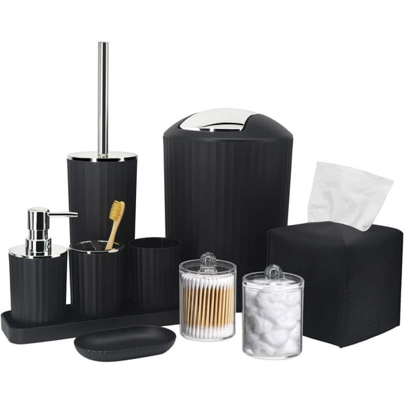 Bathroom Accessory Set - 10 Piece Black Bathroom Accessories Set with Trash Can, Toothbrush Holder and Cup, Soap Dispenser, Soap Dish, Toilet Brush Holder, Vanity Tray, Qtip Holder, Tissue Box Cover