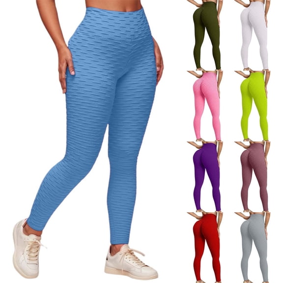 YUEHUA Women's High Waist Ribbed Textured Yoga Leggings, Tummy Control Butt Lifting Compression Pants, Stretchy Workout Tights for Gym & Jogging