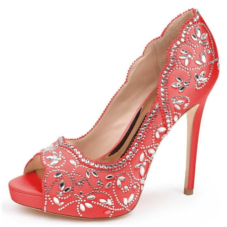 XYD Women Bride Peep Toe Platform Pumps Rhinestones Studded Satin Stiletto High Heels Slip On Wedding Shoes Size 9 Red