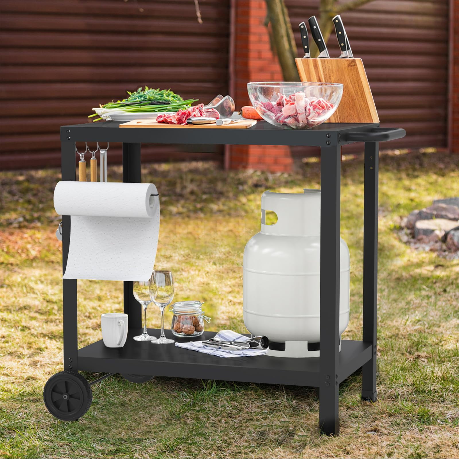 Outdoor Grill Cart with Wheels, Rolling Dining Table for Blackstone Griddle Stand, BBQ Kitchen Food Prep Table for Party
