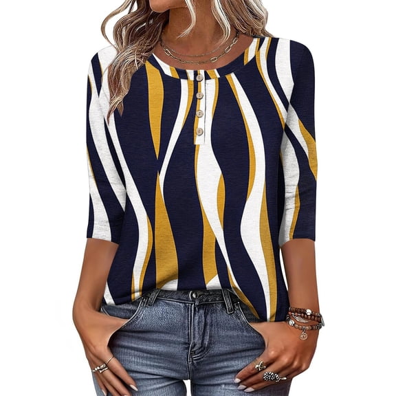 Jsaierl Tops for Women 3/4 Sleeve Casual Button Up Crew Neck Shirts Dressy Print Ladies Blouses Work Cotton Tunic Top S-2XL