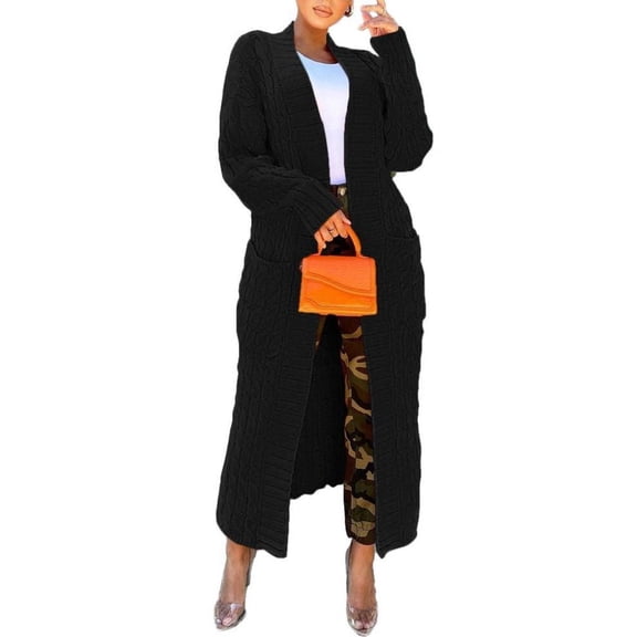 Long Sleeve Cardigan Sweaters for Women Casual Knit Sweater Coat Outwear with Pockets Black L