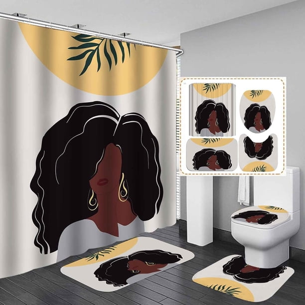 Juego de 4 cortinas de ducha para niña negra, diseño de mariposas de ballet rosa, decoración de baño para mujeres afroamericanas, tela impermeable, cortina de ducha morada y blanca, alfombrilla de