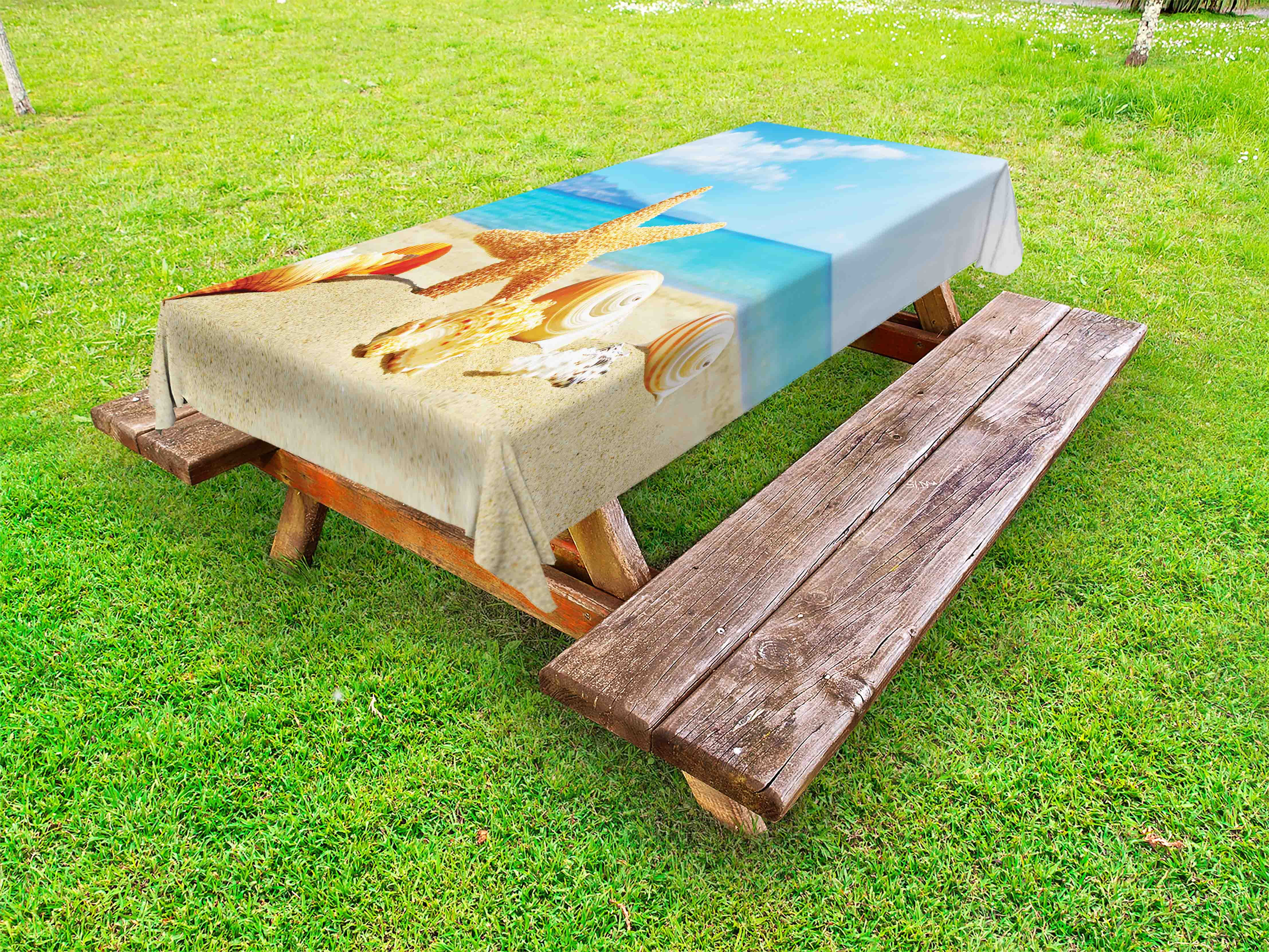 Seashells Outdoor Tablecloth, Summer Beach Theme and Sand with Rays in