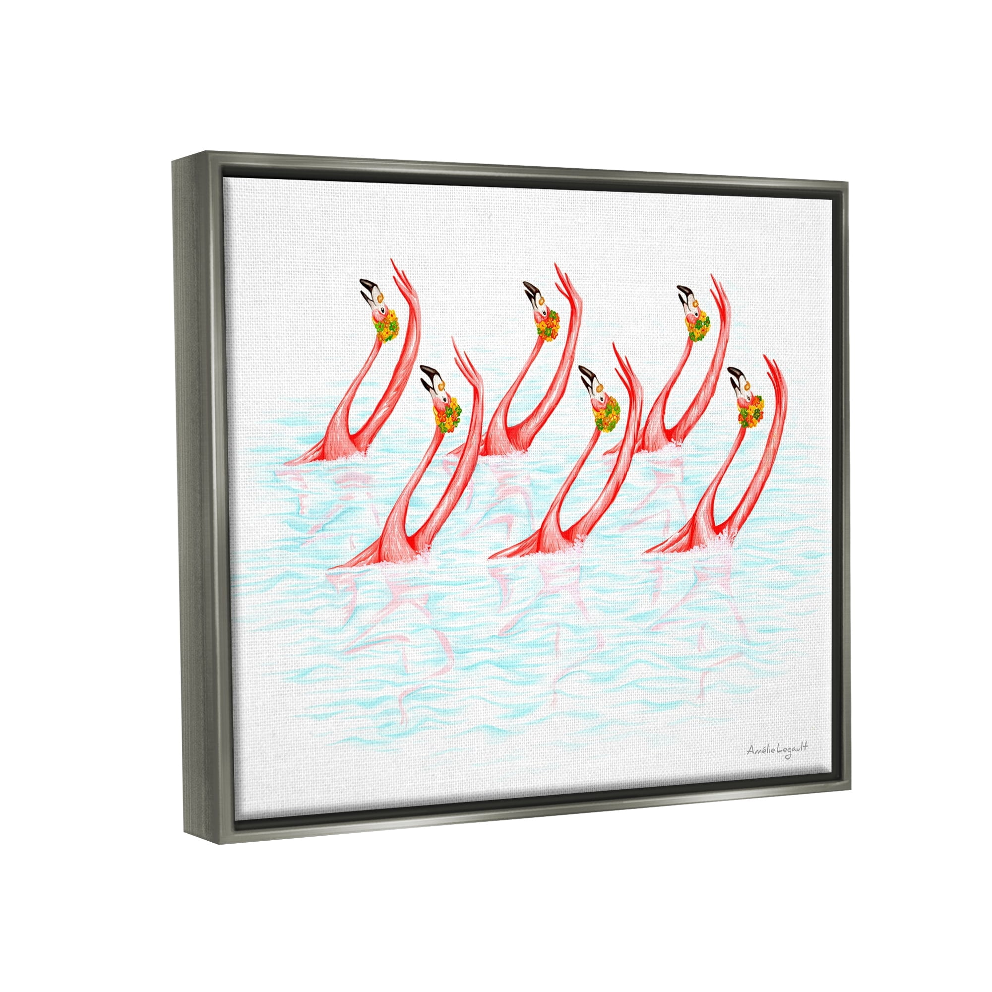 Stupell Industries Six Flamingoes Birds Synchronized Swimming Floral Caps Graphic Art Luster Gray Floating Framed Canvas Print Wall Art, Design by Amelie Legault