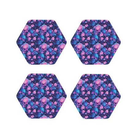 

Matuu Blue Skull Rose for Cup Coasters Set of 4 Leather Coasters Desk Coasters for Office Measures 4” x 4”-Hexagon