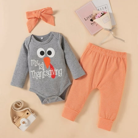 

Binmer Toddler Baby Girls Cotton Solid Color Thanksgiving Turkey Print Bow Romper Suit