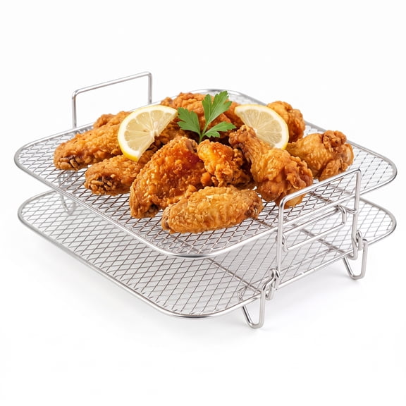 M Buder Dual-Layer Air Fryer Rack, Stackable Dehydrator Air Fryer Basket with Support Legs, Stainless Steel Air Fryer Accessories for Baking Roasting, Oven & Dishwasher Safe