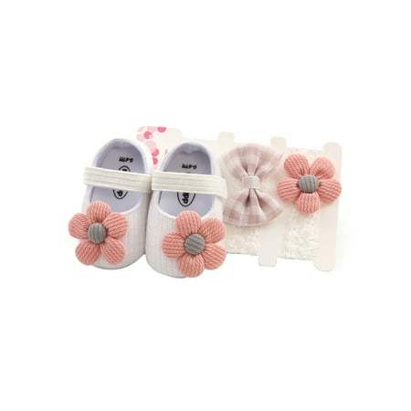 

3Pcs Newborn Baby Girls Baptism Shoes and Headband Set Soft Sole Floral First Walkers Party Pageant Princess Flats + Hairbands Set