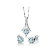 Gem Stone King 2.25 Ct Round Aquamarine 925 Sterling Silver Pendant and Earrings Jewelry Set 18 inches Chain