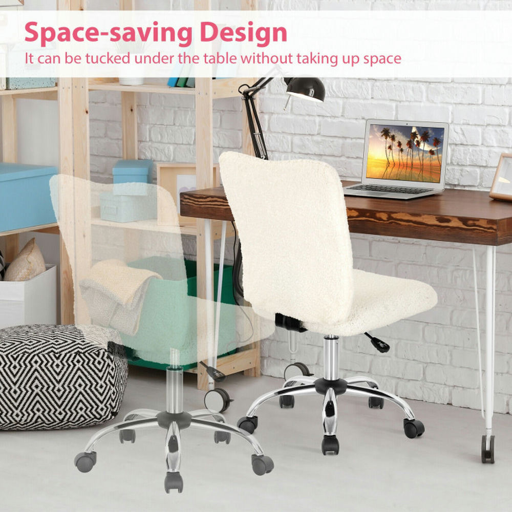 Demi Bonn Armless Faux Fur Leisure Office Chair with Adjustable Swivel, Rolling Work Computer Desk Chair for Home, Bedroom, Study, White