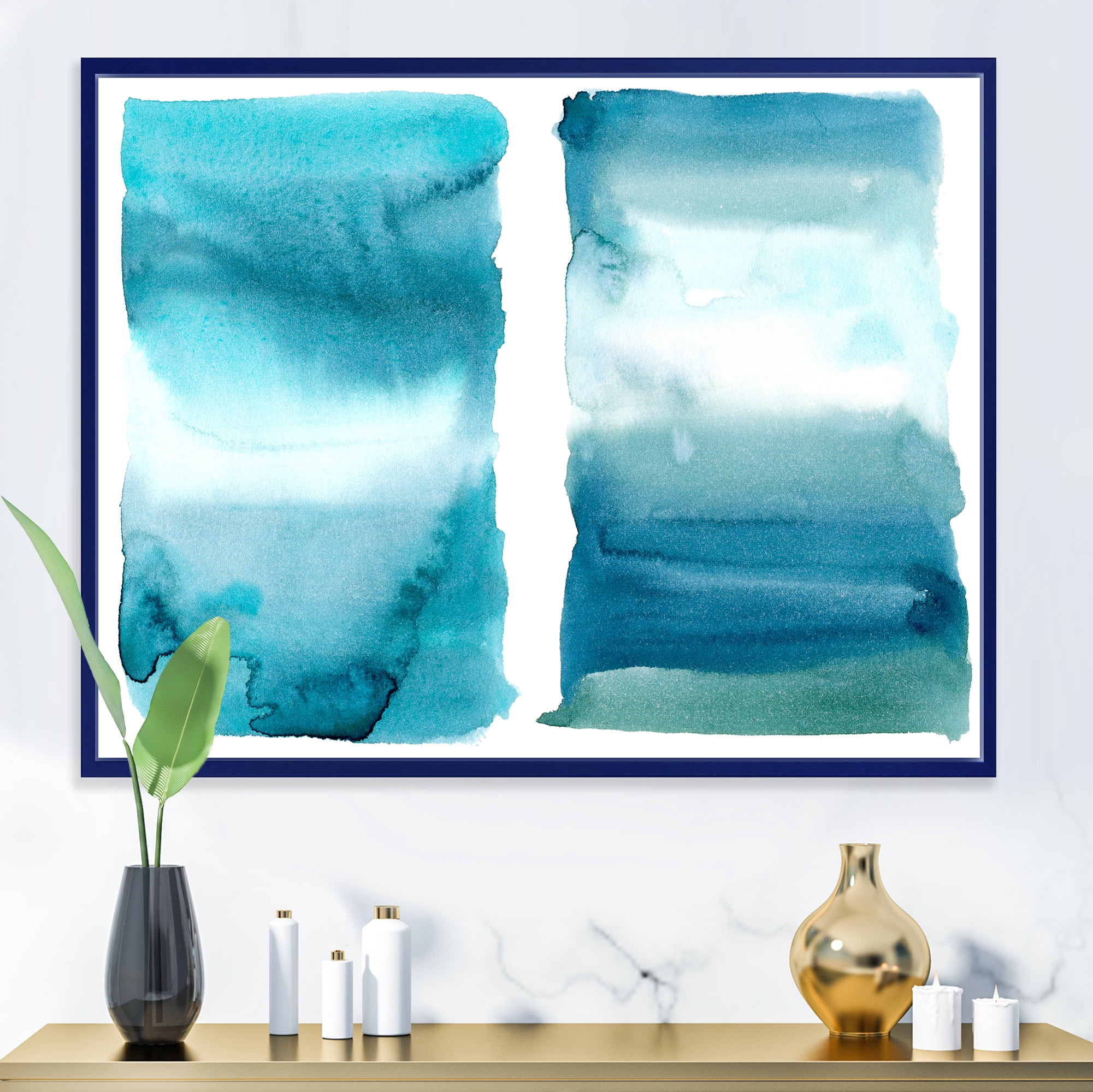 Designart 'Abstract Impression Ocean Blue Aquatic I' Modern Framed Canvas Wall Art Print