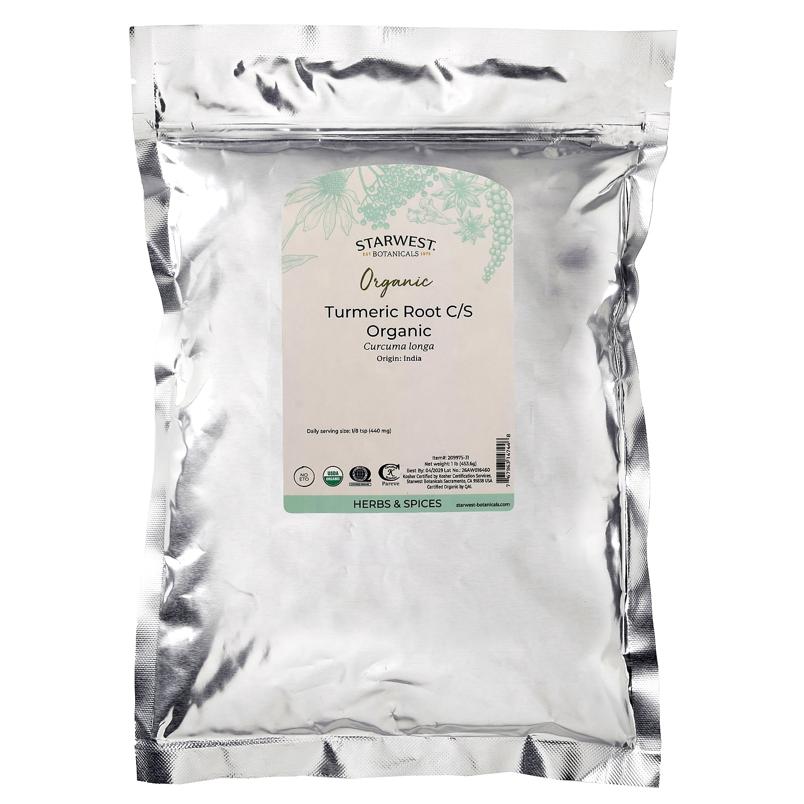 Starwest Botanicals Organic Turmeric Root C/S, 1 lb (453.6 g)