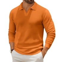 Havenx Long Sleeve Polo Shirts for Men V Neck Knit Polo Shirts 2025 Trendy Lightweight Ribbed Golf Shirts Collared Sweater,Saffron S