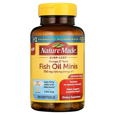 Nature Made Burp Less Omega 3 Fish Oil Supplements 700 mg Minis Softgels, 120 Count