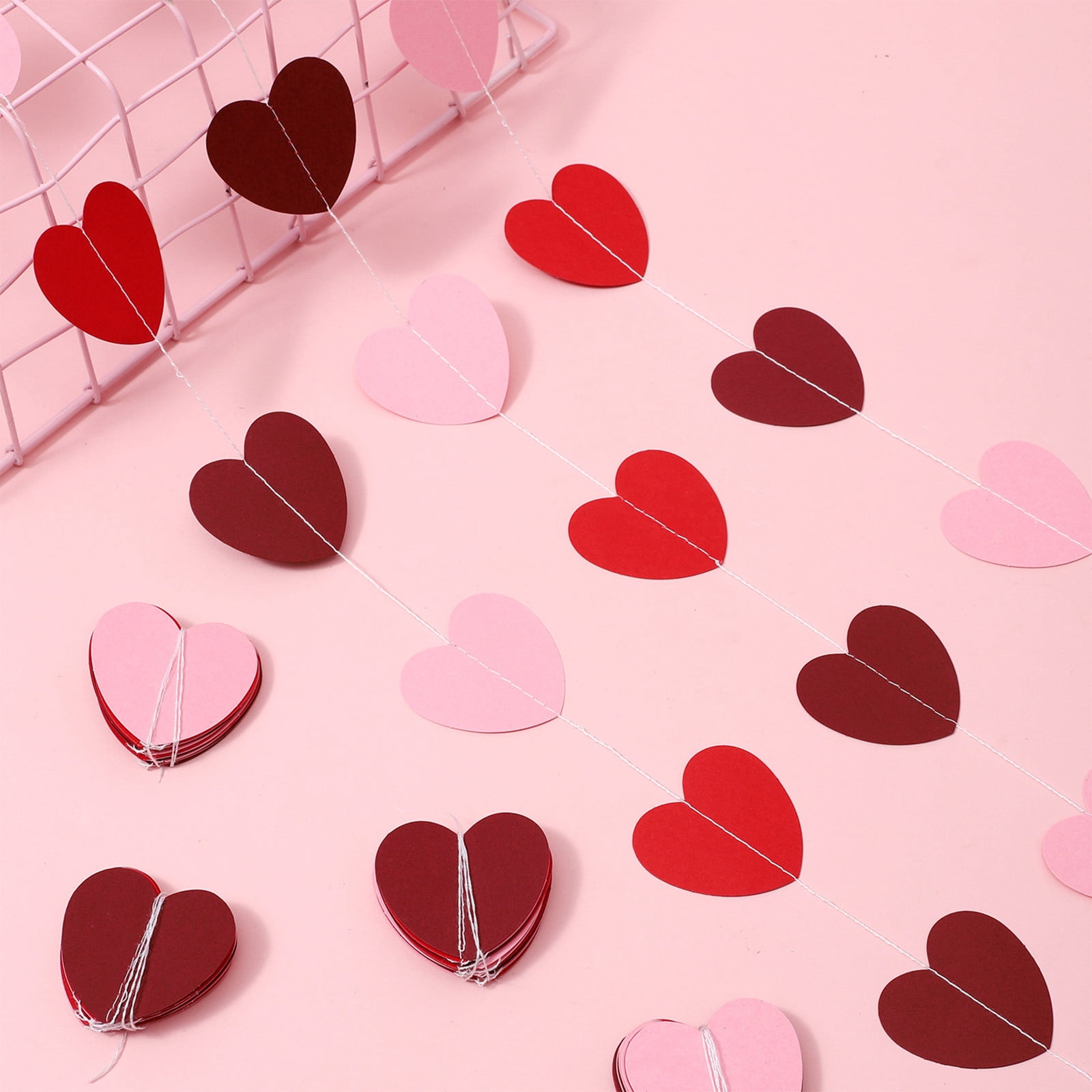 Valentine's Day Heart Garland Set of 2, Red Pink Paper Banner with 6.5ft String, Reusable Hanging Decor for Wall Party Classroom Decorations
