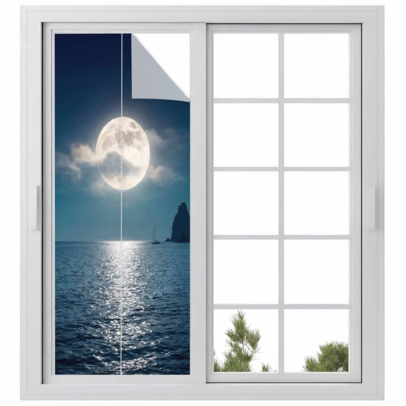 Moonlight Sea Night Window Privacy Film, Abstract Modern Art Ocean Cloud Static Cling UV Sun Blocking Heat Control Window Tint Day and Night, Non-Adhesive One Way Windows Privacy Cover 29.5''x78.7''