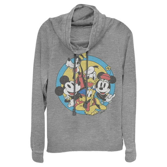 Junior's Mickey & Friends Retro Buddies Cowl Neck Sweatshirt Gray Heather 2X Large
