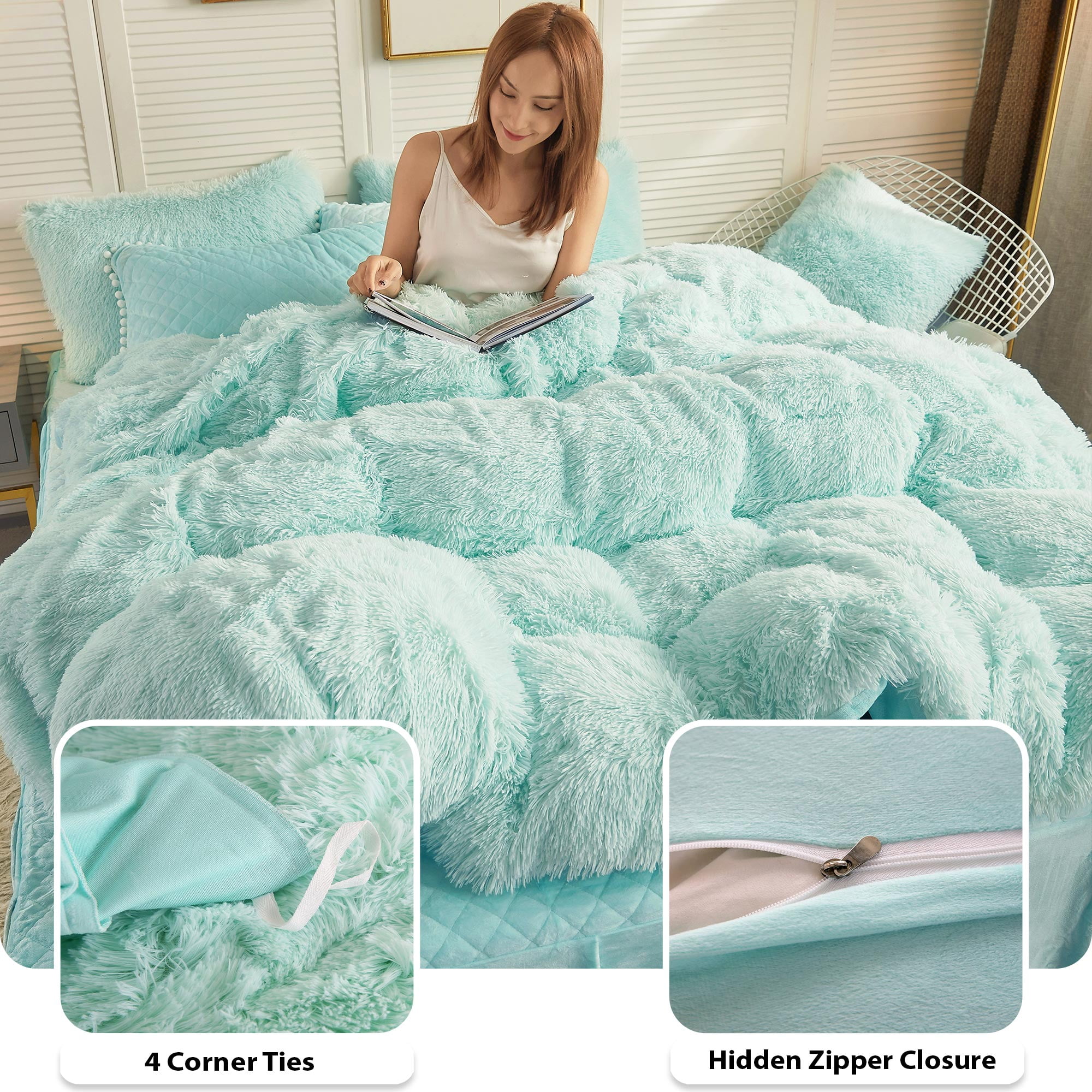 LIFEREVO 2 Pieces Luxury Plush Shaggy Faux Fur Duvet Cover Set(1 Fluffy Fuzzy Comforter Cover + 1 Pompoms Fringe Quilted Pillow Shams), Zipper Closure, Twin Size, Aqua