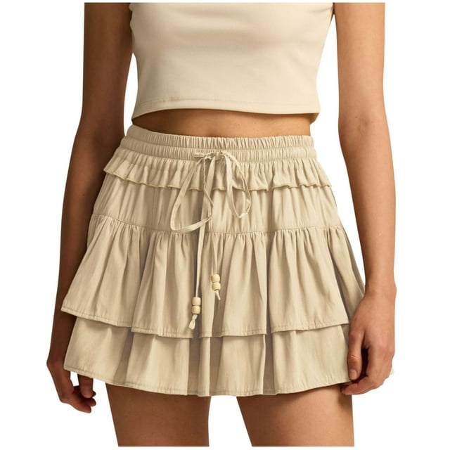 UNITWRY Summer Mini Skirt for Women Drawstring Ruffle Hem Elastic High Waisted A-Line Skirt Business Work Vacation Active Workout Casual Short SkirtBeige L