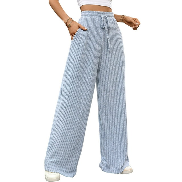Pantalones de Pijama Holgados de Punto Suave con Bolsillos y Pernera Acanalada para Mujer con Cordón Ajustable. Azul XL