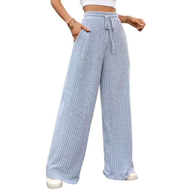 Pantalones de Pijama Holgados de Punto Suave con Bolsillos y Pernera Acanalada para Mujer con Cordón Ajustable. Azul L