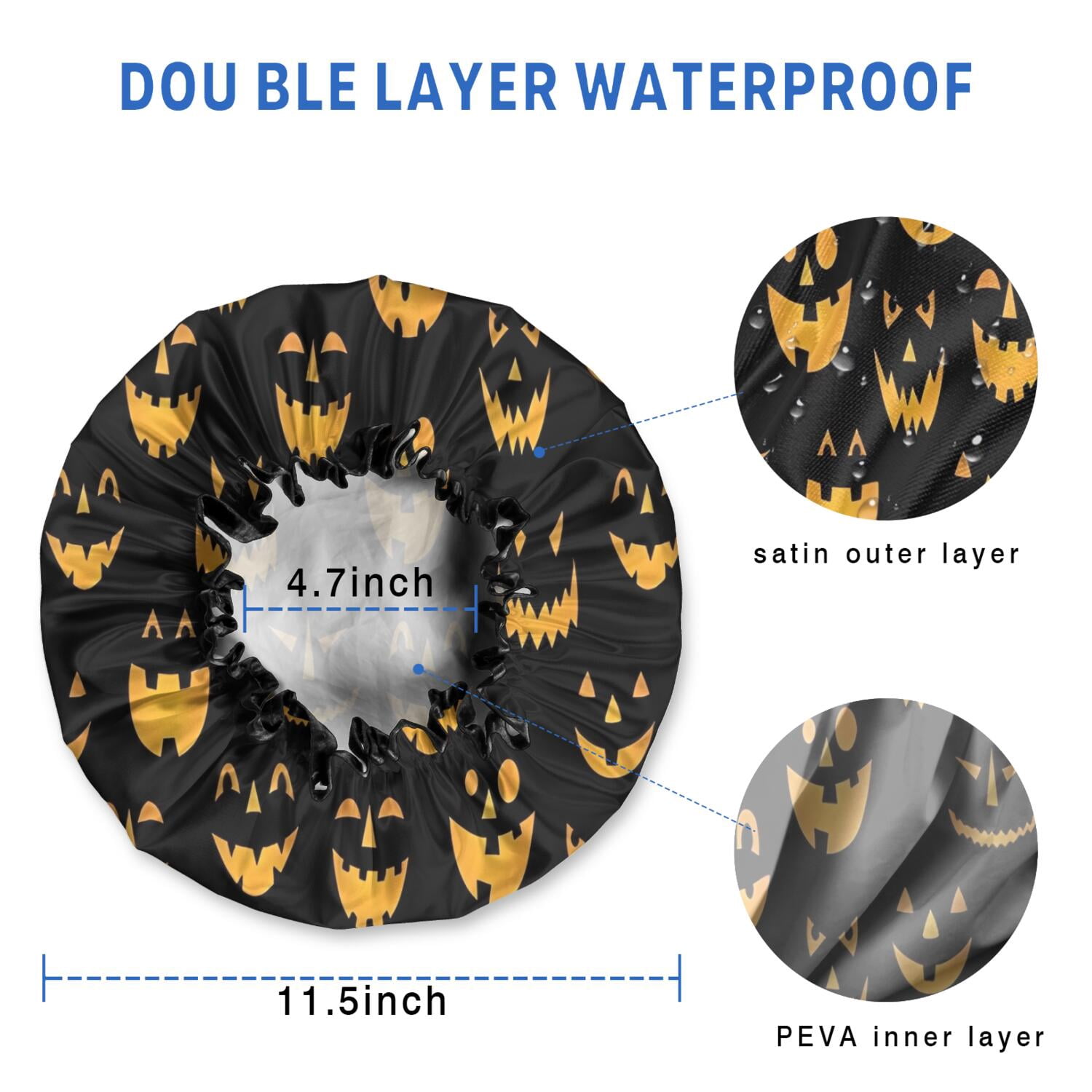 Shower Caps,Black Halloween Pumpkin Faces Waterproof Shower Cap for Women 4 Pieces,Double Reusable Hair Cover for Shower PEVA Elastic Stretch Hem