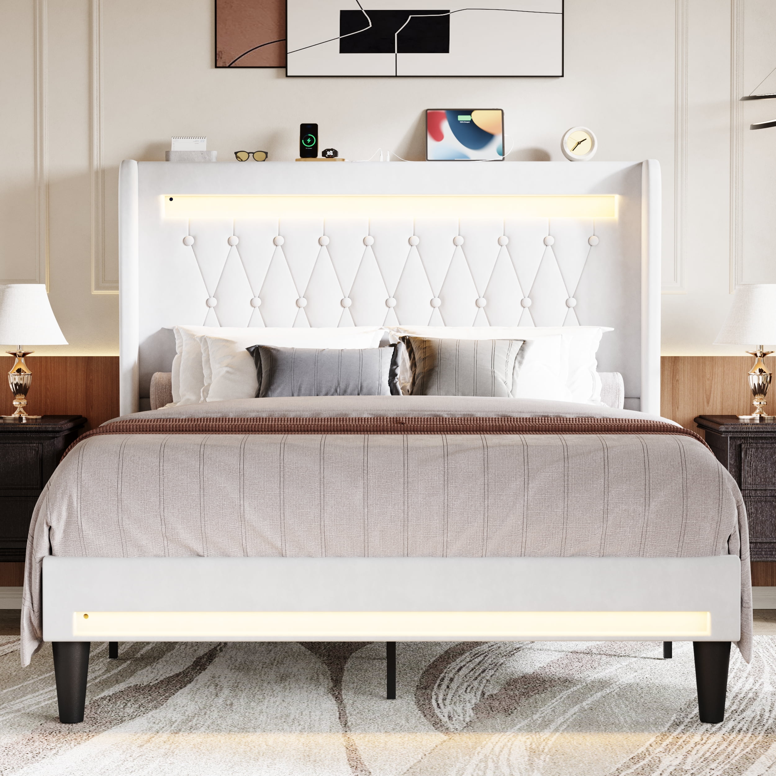 Amolife Queen Size LED Bed Frame, Upholstered Velvet Platfrom Bed with Charging Station, High Wingback Headboard & 2 Lights, No Box Spring Needed, 900 LBS Capacity, White