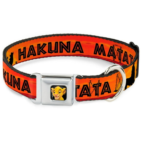 Disney Pet Collar, Dog Collar Metal Seatbelt Buckle, Lion King Hakuna Matata Sunset Oranges Black, 9.5 to 13 Inches 1.0 Inch Wide