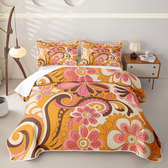 Erosebridal Vintage Swirl Flower Twin Quilt Set for Girls, Orange Paisley Bohemian Print Twin Coverlet Set, 2-Piece