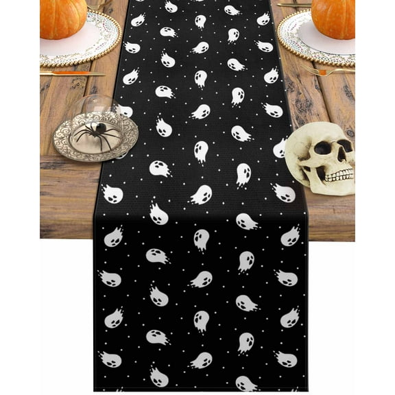Table Runner Dresser Scarves 60 Inch Long,Halloween Seamless Ghost on Black Linen Dining Table Runners Abstract White Polka Dot Tabletop Scarf for Wedding Holiday Party Kitchen
