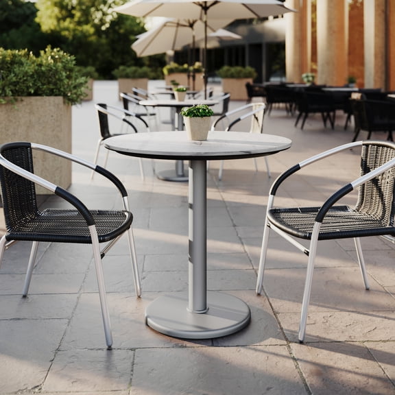 Flash Furniture 31.25" Round Indoor Outdoor Tabletop in White Faux Marble with TopGuard HPL Technology and 18" Round Silver Cast Iron Table Base
