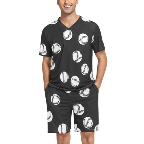 joogoo Men's Pajama Set Baseball Pattern V-Neck Pj Shorts Set 2 Piece Loungewear Sleepwear L