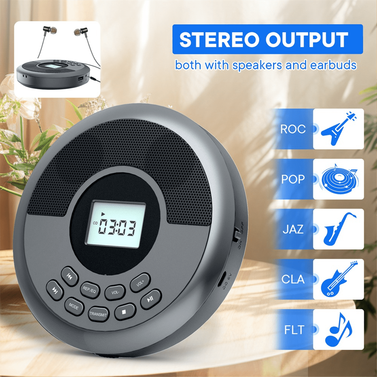 Portable Bluetooth CD Player Rechargeable Discman with Dual Speakers and Headphones  Cd Player Mp3 Player Black