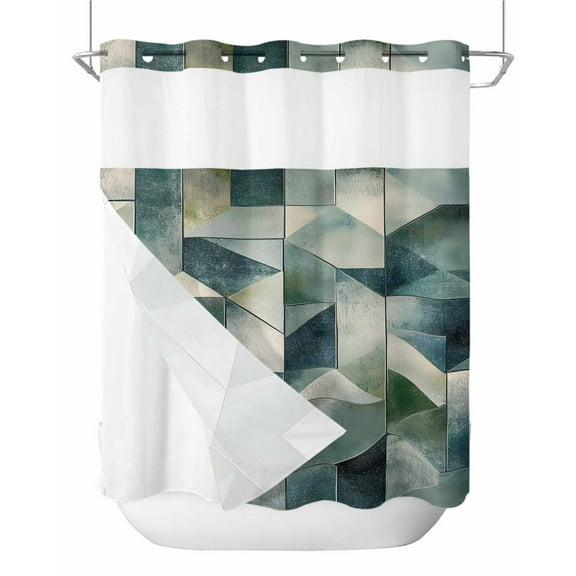 No Hook Shower Curtains with Snap in Liner, Teal Green Geometric Waterproof Fabric Shower Curtain, Modern Abstract Art Double Layers & See-Through Top Window Bathroom Curtains 72''x72''