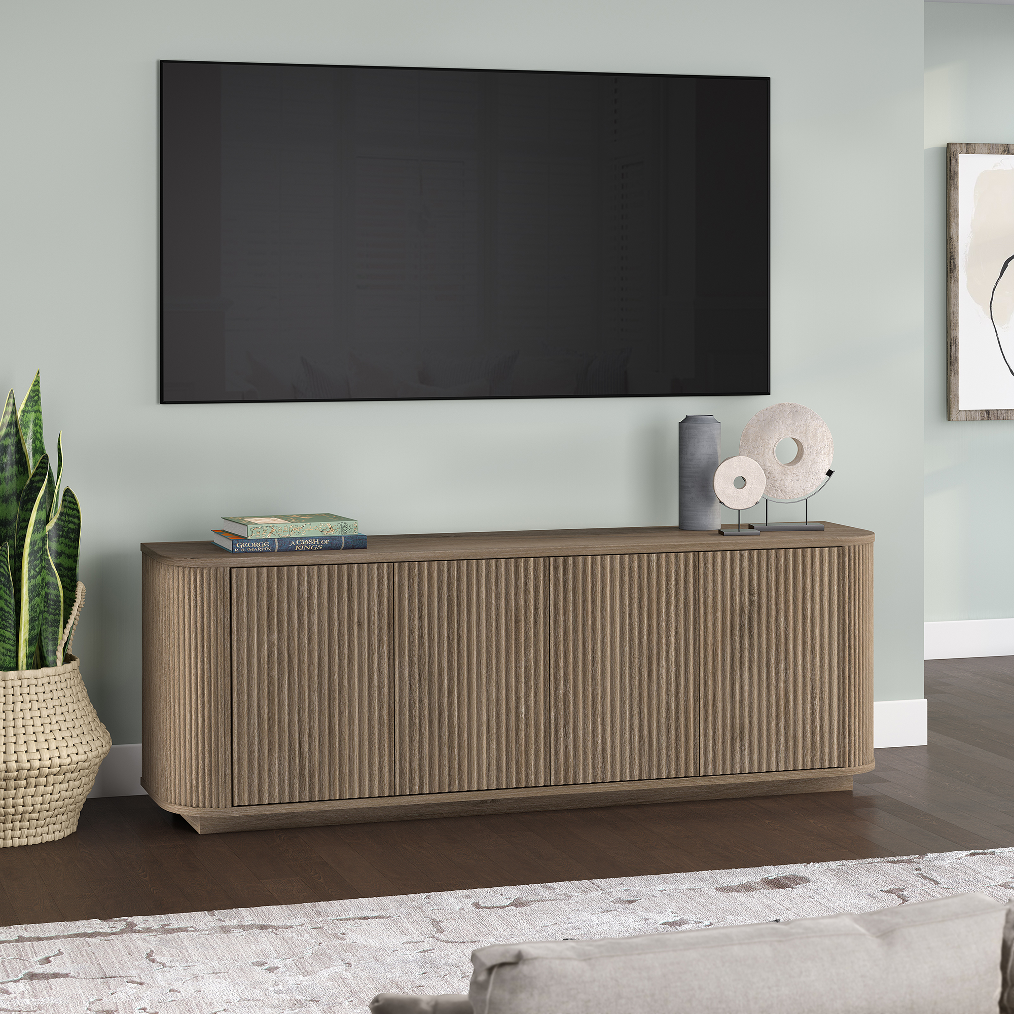 Canton Rectangular TV Stand for TV's up to 75" in Antiqued Gray Oak