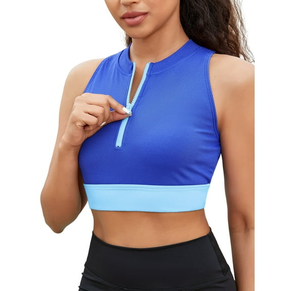 Sociala Solid Zipper Swim Tops for Womens Racerback Bikini Tops Built-in Bra