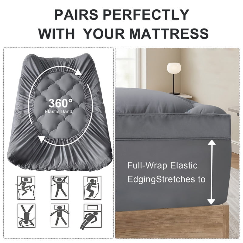 Cooling and Breathable Queen Size Mattress Topper, Extra Thick Pillow Top Airflow Pad & Mattress Protector Queen for Back Pain Relief, Breathable Bed Topper Queen Grey Deep Pocket Cover