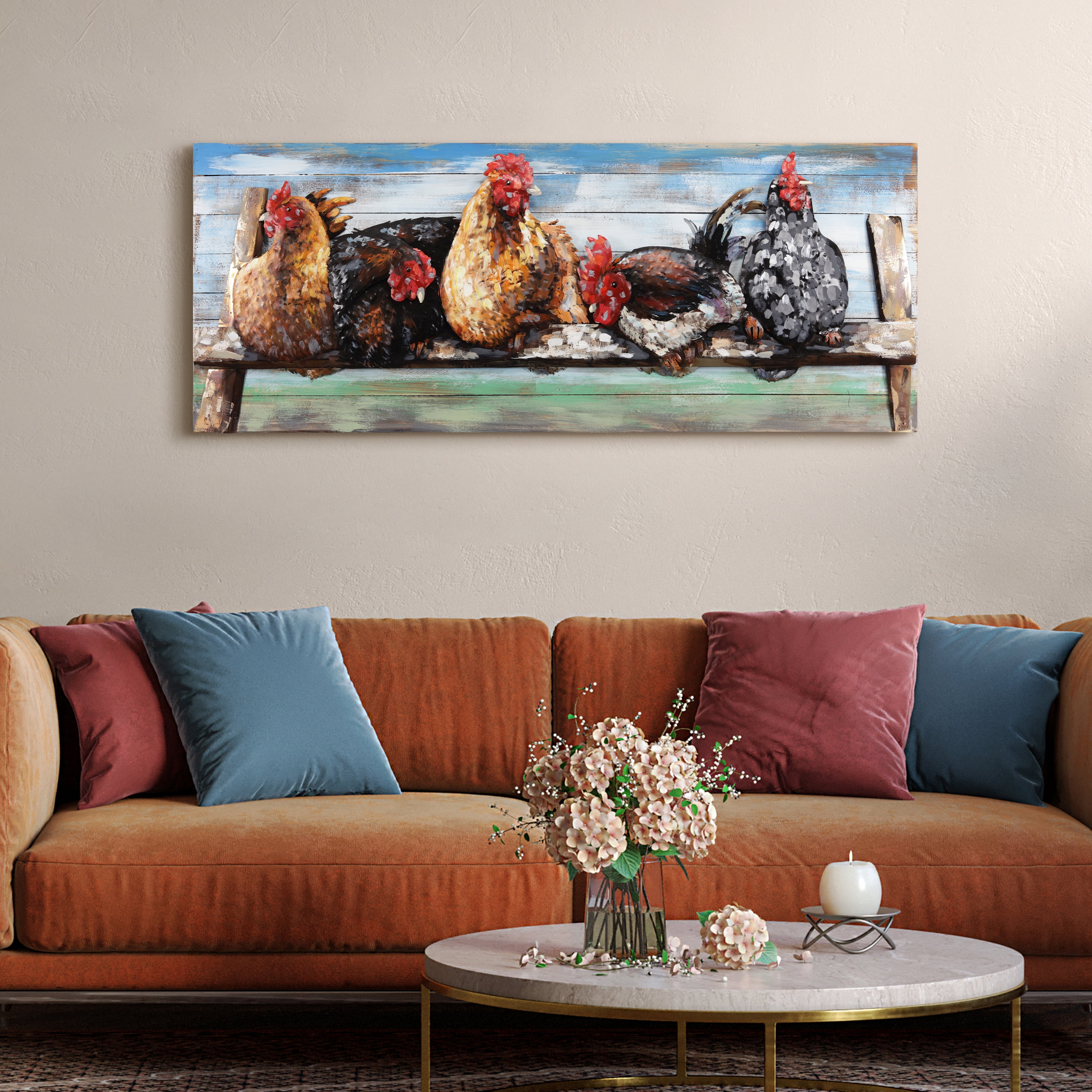 Empire Art Direct Chickens Handed Painted 3D Metal Wall Sculpture on Slatted Solid Wood Wall Art, 60" x 24" x 3.5", Ready to Hang