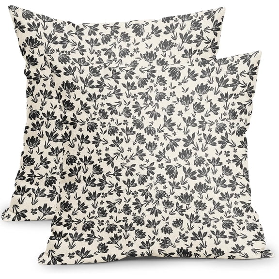 Vintage Flower Pillow Covers 20x20 Inch Set of 2 Black and Cream Floral Outdoor Decorative Throw Pillows Black Small Floral Print Rustic Farmhouse Pillowcases Cotton Linen Cushion Covers for Couch