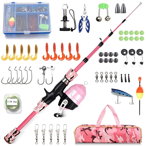 Rirool Kids Fishing Pole Set Pink, 1.5m Telescopic Rod and Spincast Reel Combo with Tackle Box, Carry Bag, Lures and Accessories, Beginner Fishing Gear Gift for Boys Girls Youth
