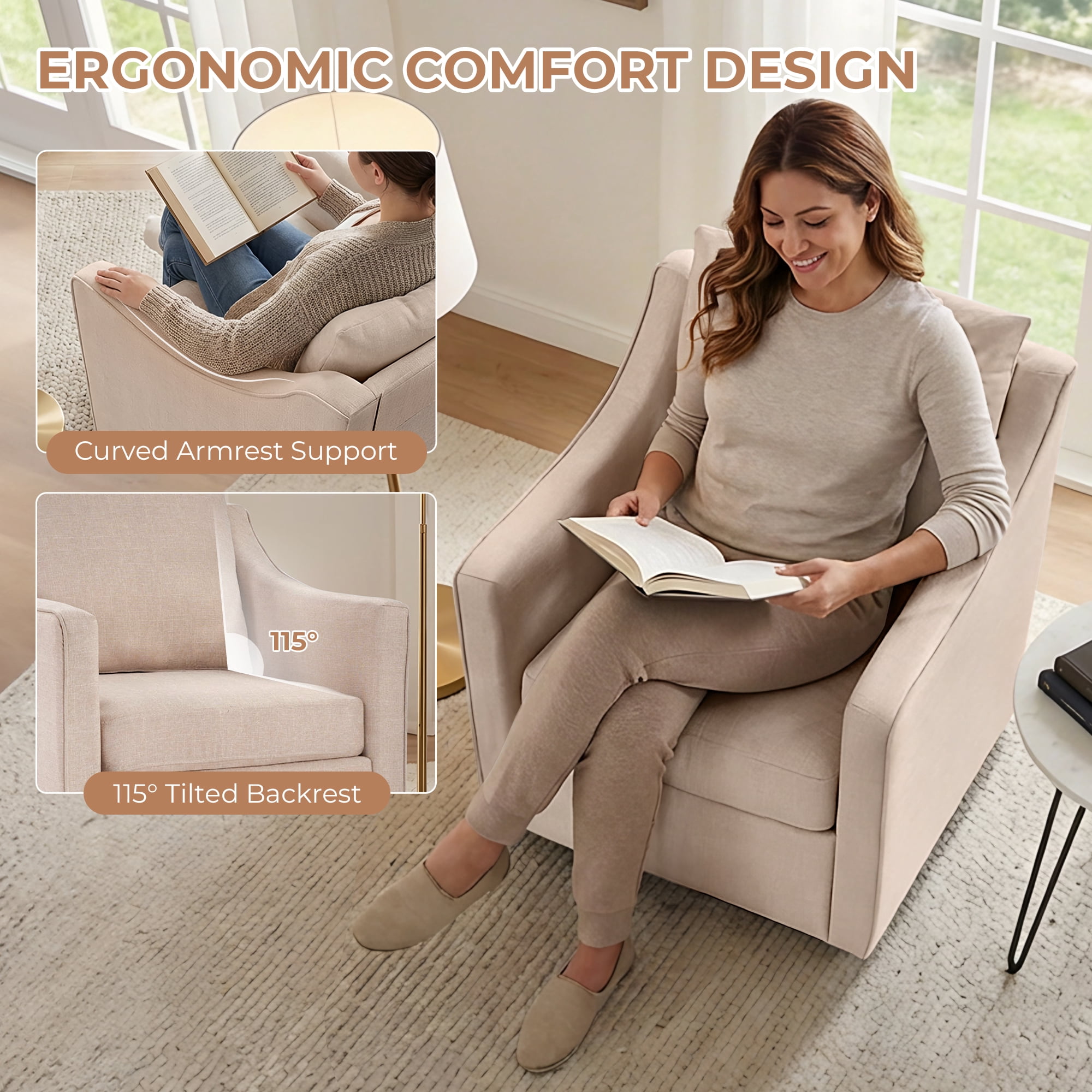 EBELLO Upholstered Accent Chair，Yarn-Dyed Fabric Swivel Chair, Modern Minimalist Armchair with Lumbar Pillow(Single Pack,Beige)